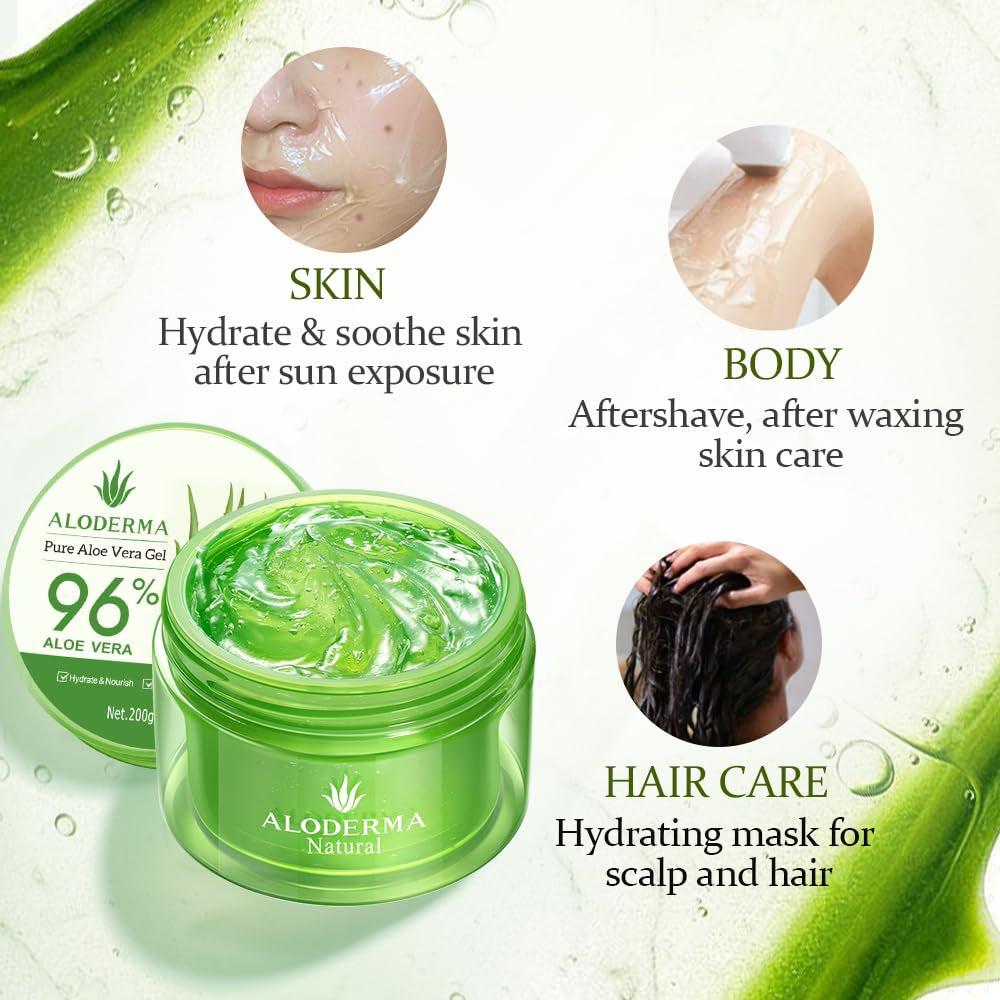 Aloe Vera Gel Made within 12 Hours of Harvest with 96% Pure Organic Aloe Vera for Skin, Scalp, & Hair, Soothing Aloe Face Moisturizer, Multipurpose, Hydrating Aloe Gel, 7.05Oz